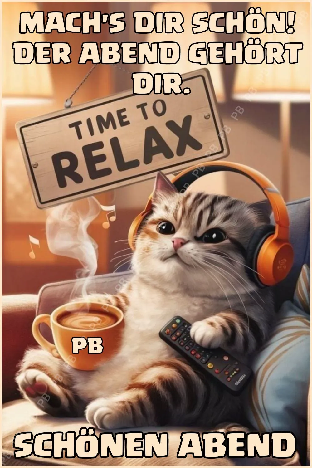 Ein niedliches getigertes Kätzchen mit orangefarbenen Kopfhörern und einer Kaffeetasse entspannt auf einem Sessel. Es hält eine Fernbedienung und über ihm hängt ein Schild mit der Aufschrift 'Time to Relax'.